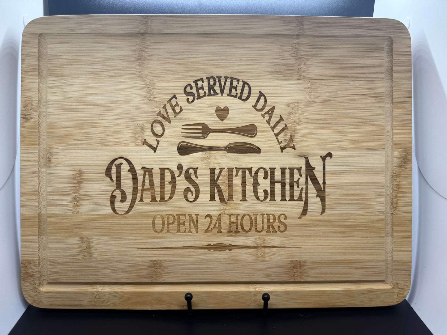 Bamboo Cutting Board with Drip Ring — Laser Engraved “Dad’s Kitchen • Love Served Daily”