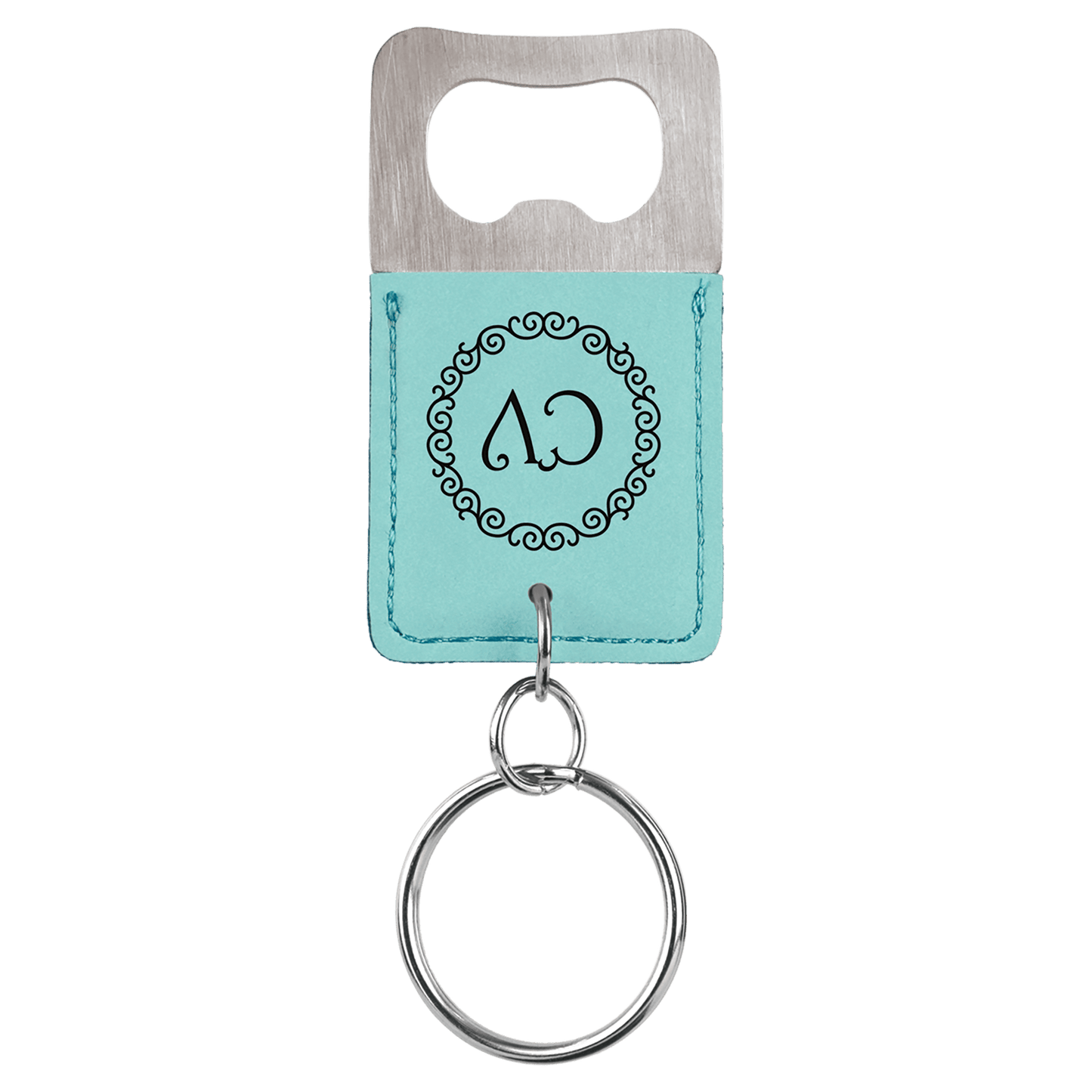 Teal Rectangle Laserable Leatherette Bottle Opener Keychain