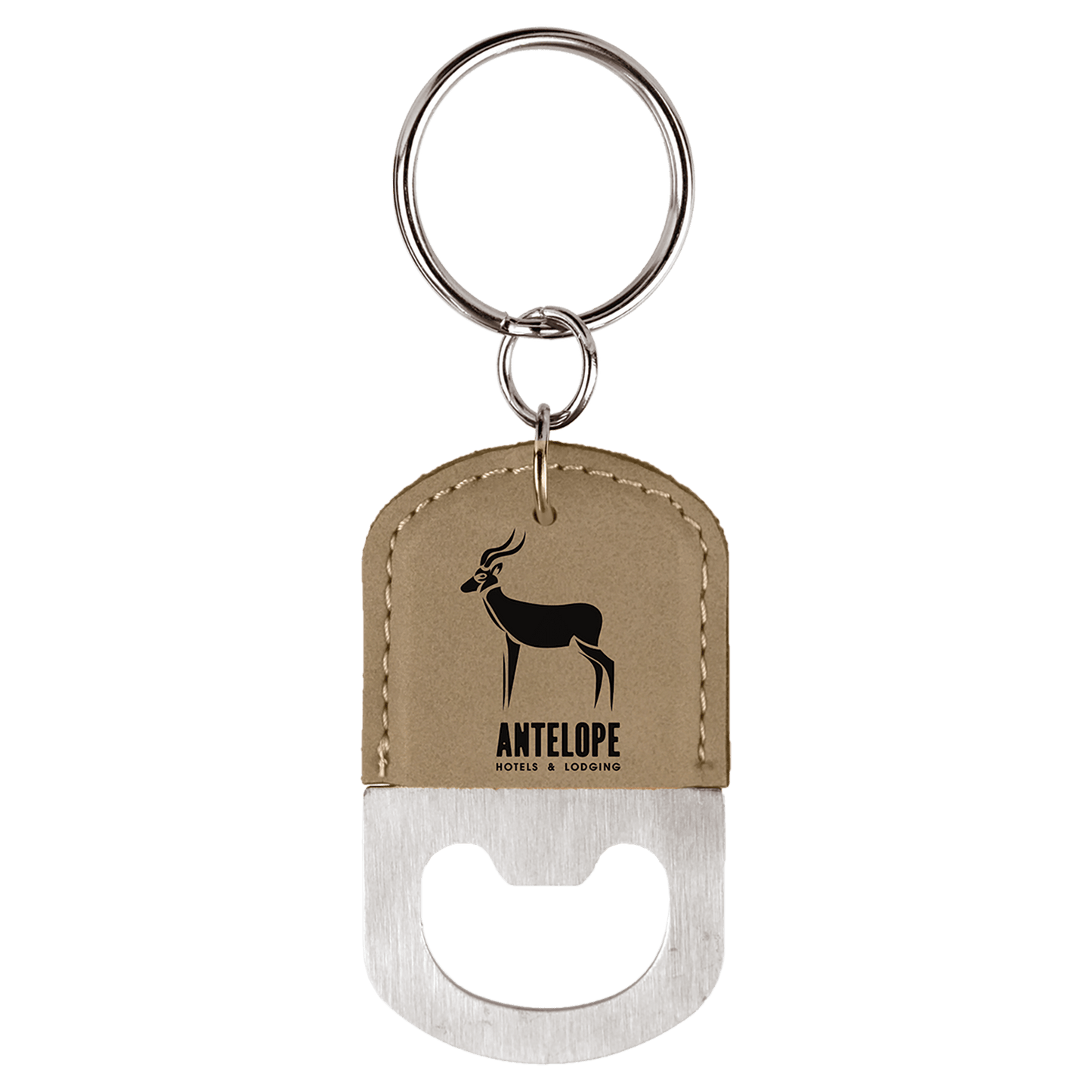 Light Brown Oval Laserable Leatherette Bottle Opener Keychain