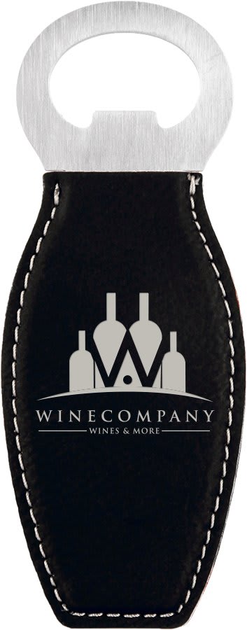 Black/Silver Laserable Leatherette Bottle Opener with Magnet