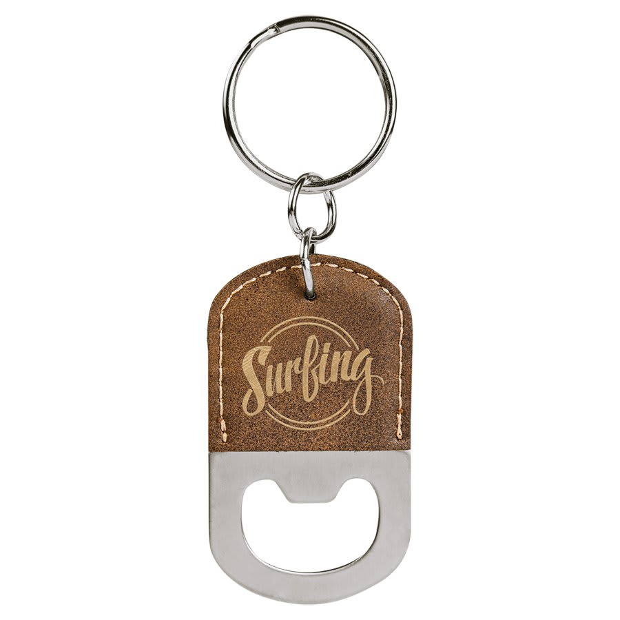 Rustic/Gold Oval Laserable Leatherette Bottle Opener Keychain