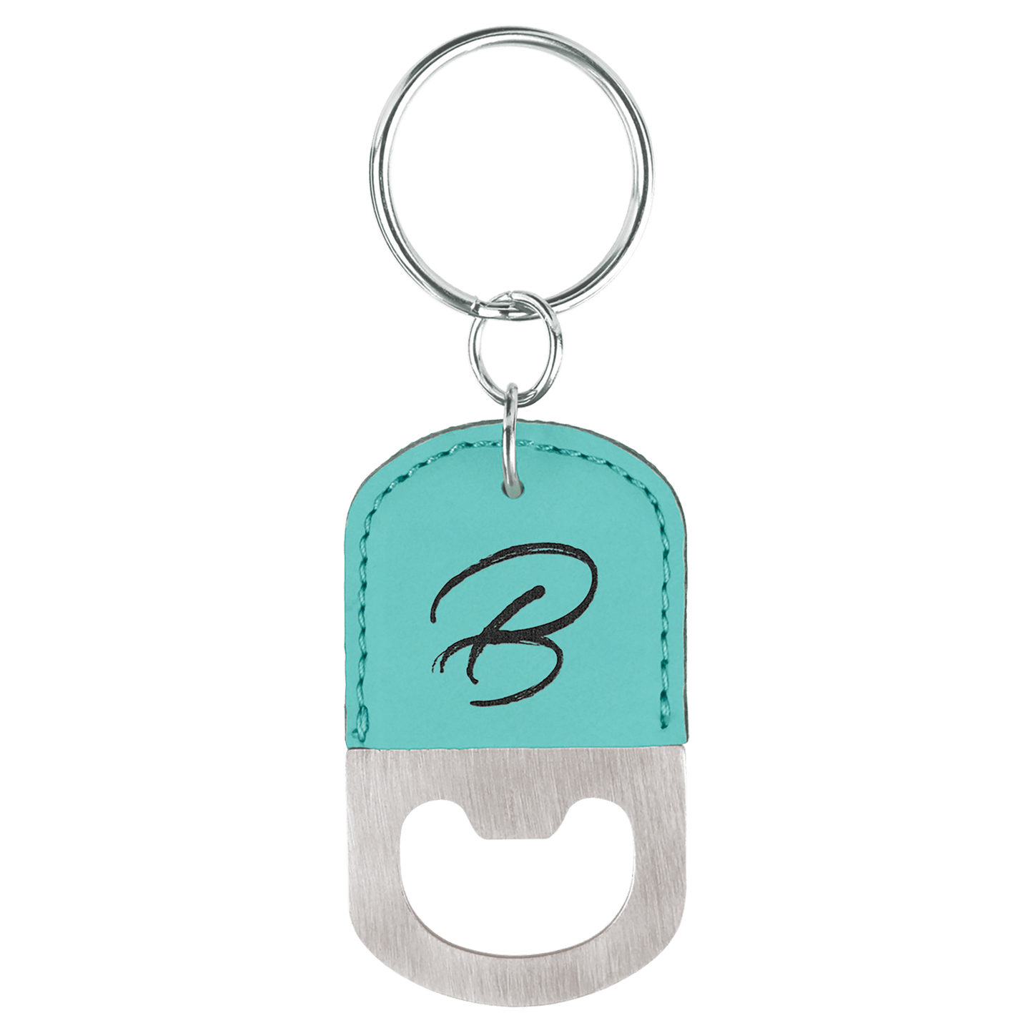 Teal Oval Laserable Leatherette Bottle Opener Keychain