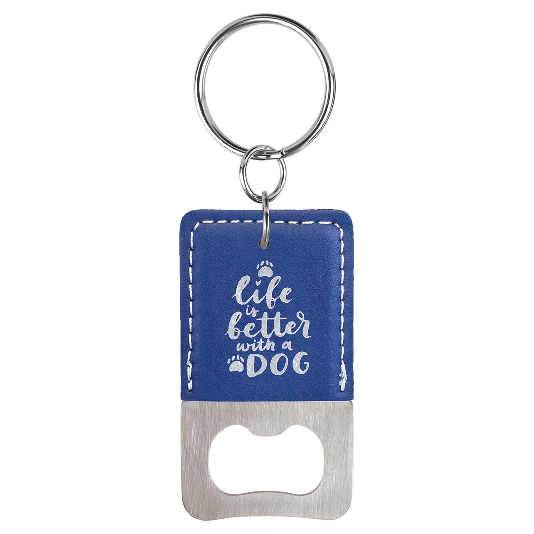Blue/Silver Rectangle Laserable Leatherette Bottle Opener Keychain