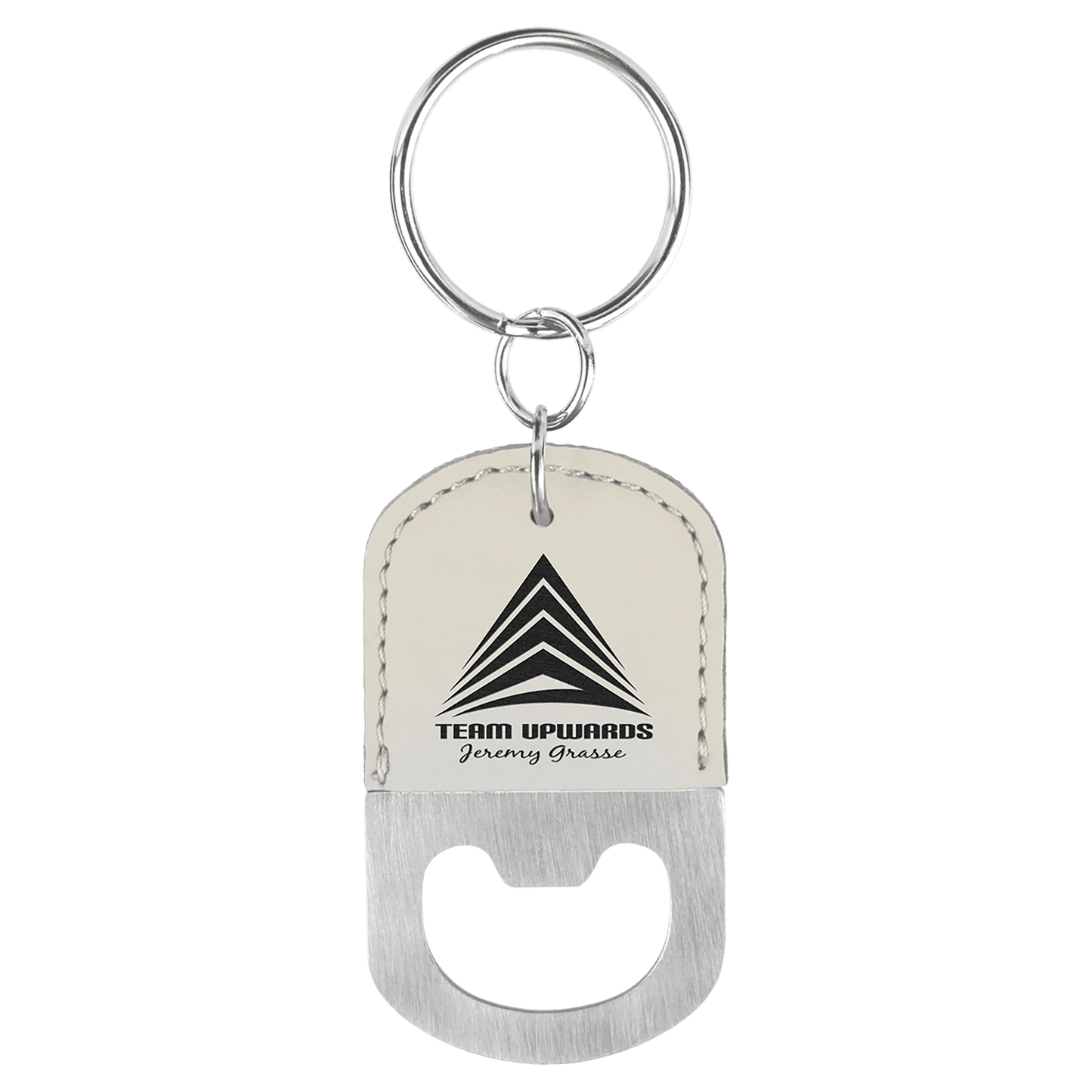 White Oval Laserable Leatherette Bottle Opener Keychain