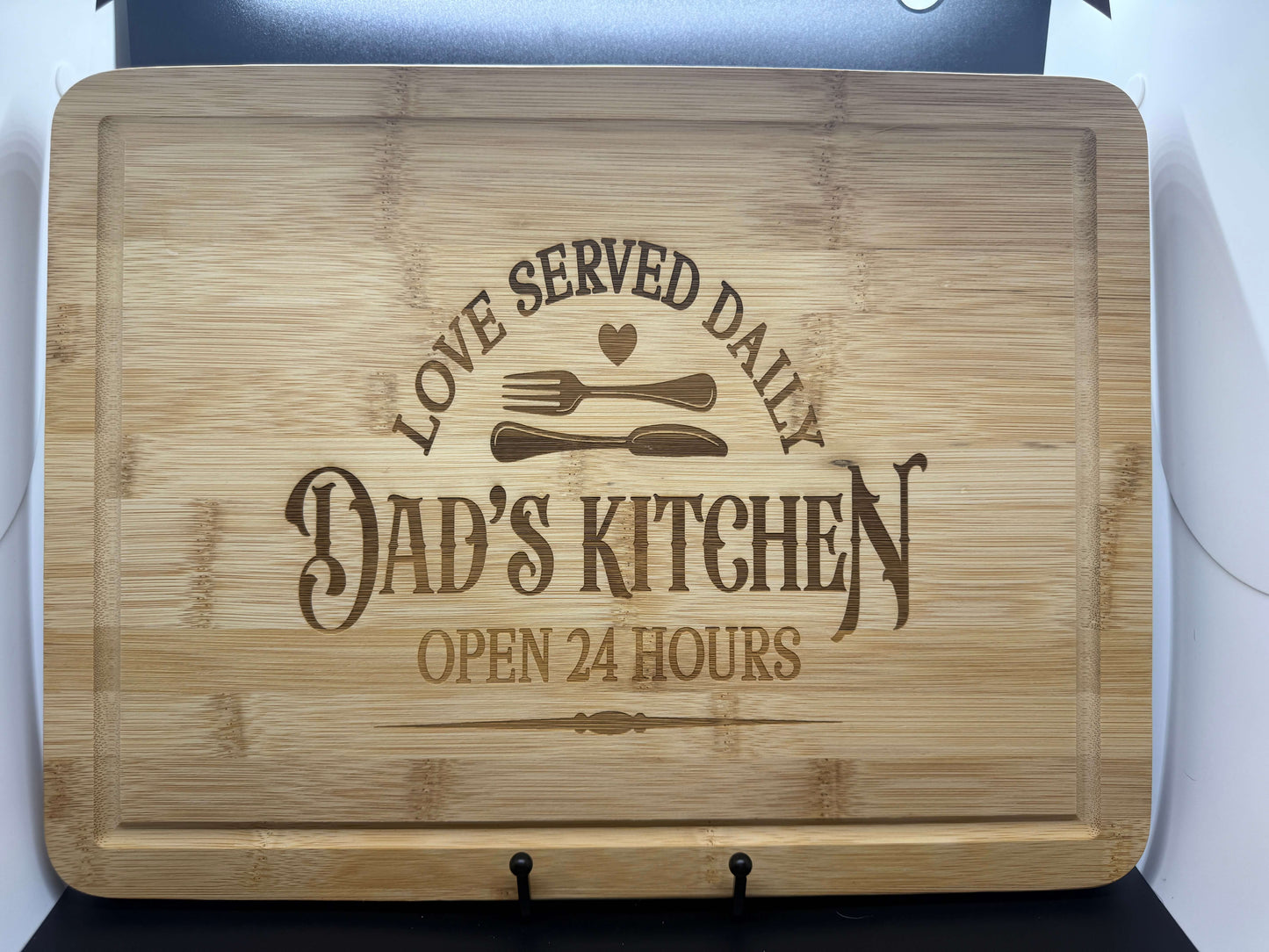 Bamboo Cutting Board with Drip Ring — Laser Engraved “Dad’s Kitchen • Love Served Daily”