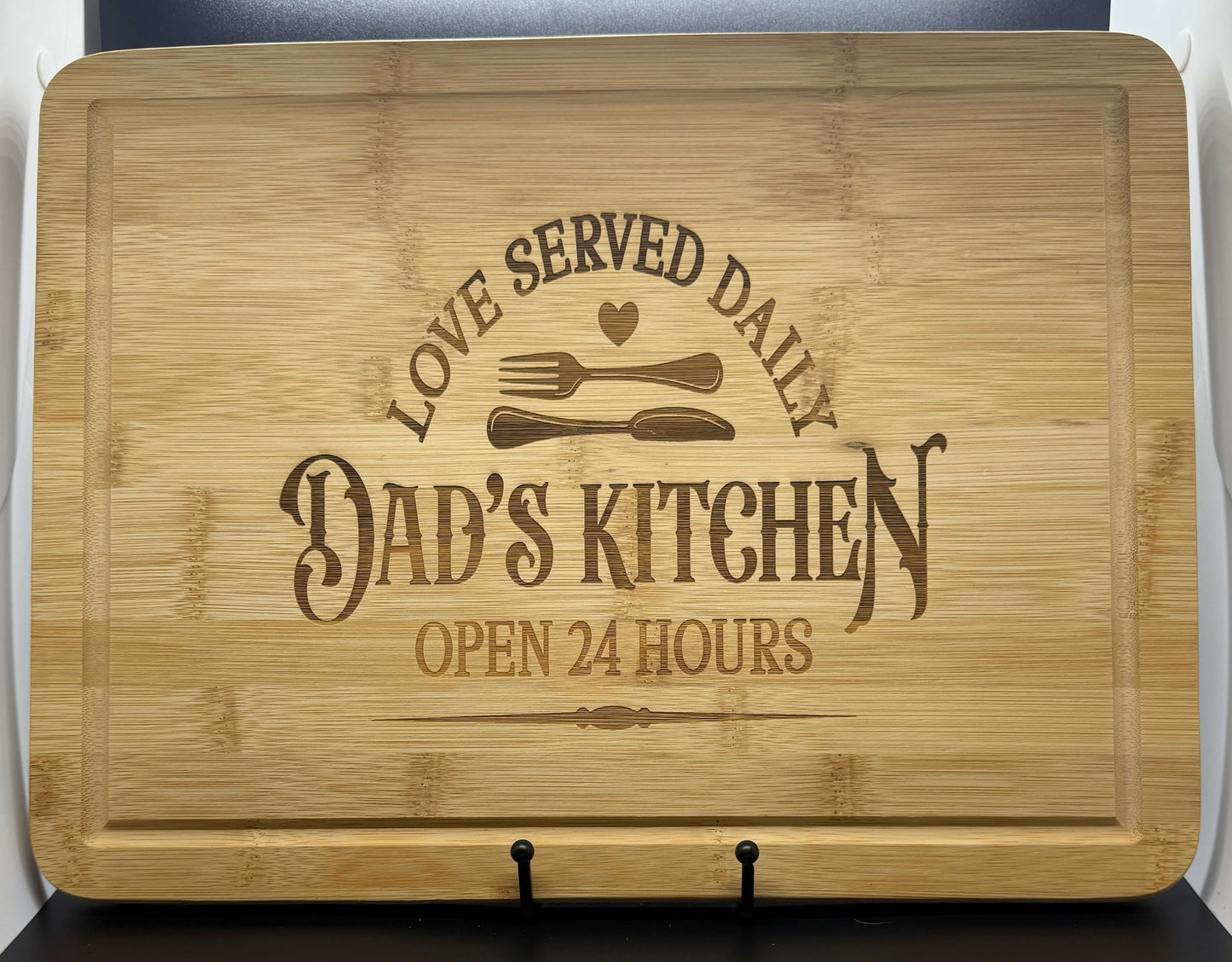 Bamboo Cutting Board with Drip Ring — Laser Engraved “Dad’s Kitchen • Love Served Daily”
