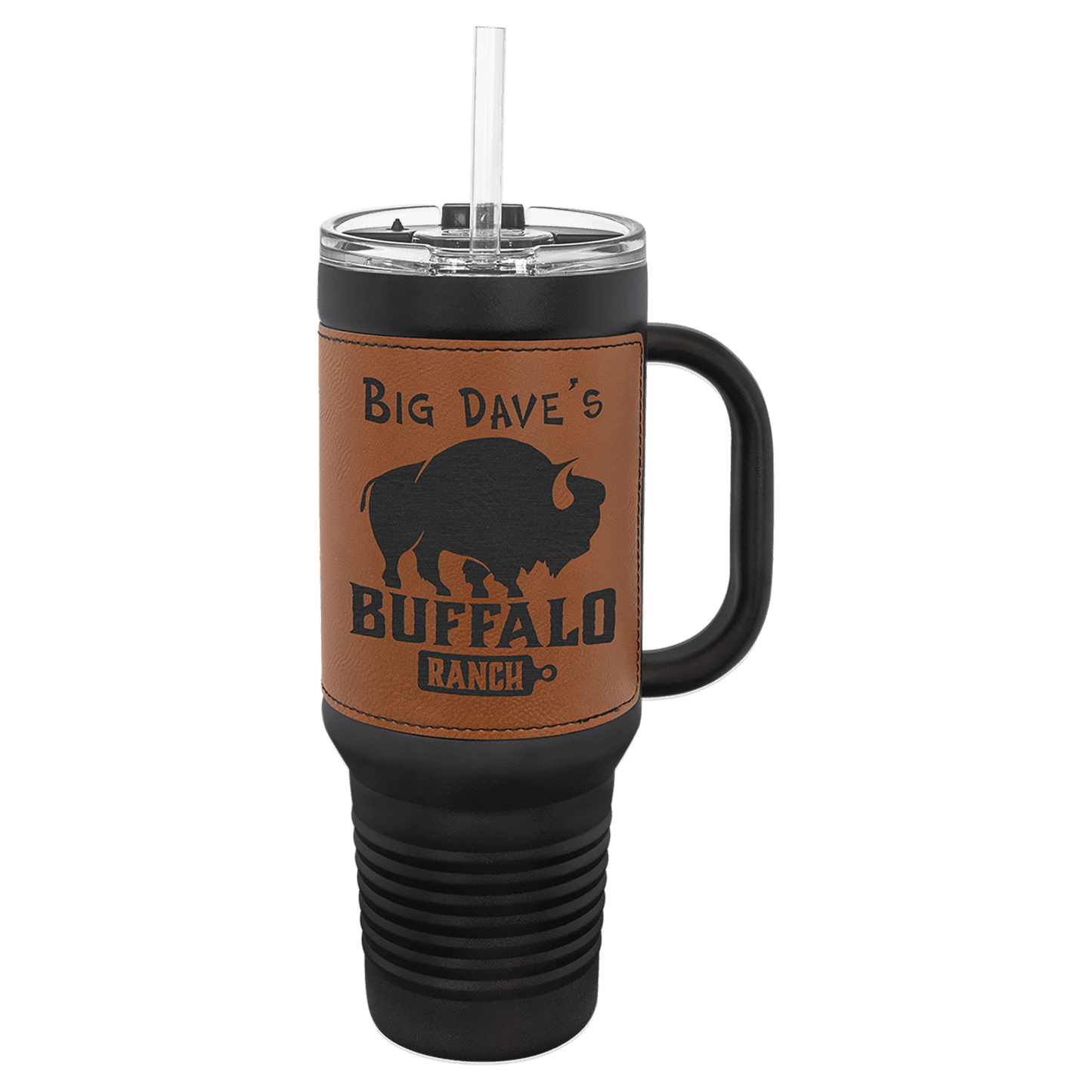 Black Rawhide Polar Camel 40 oz. Laserable Leatherette Travel Mug with a Handle & Straw