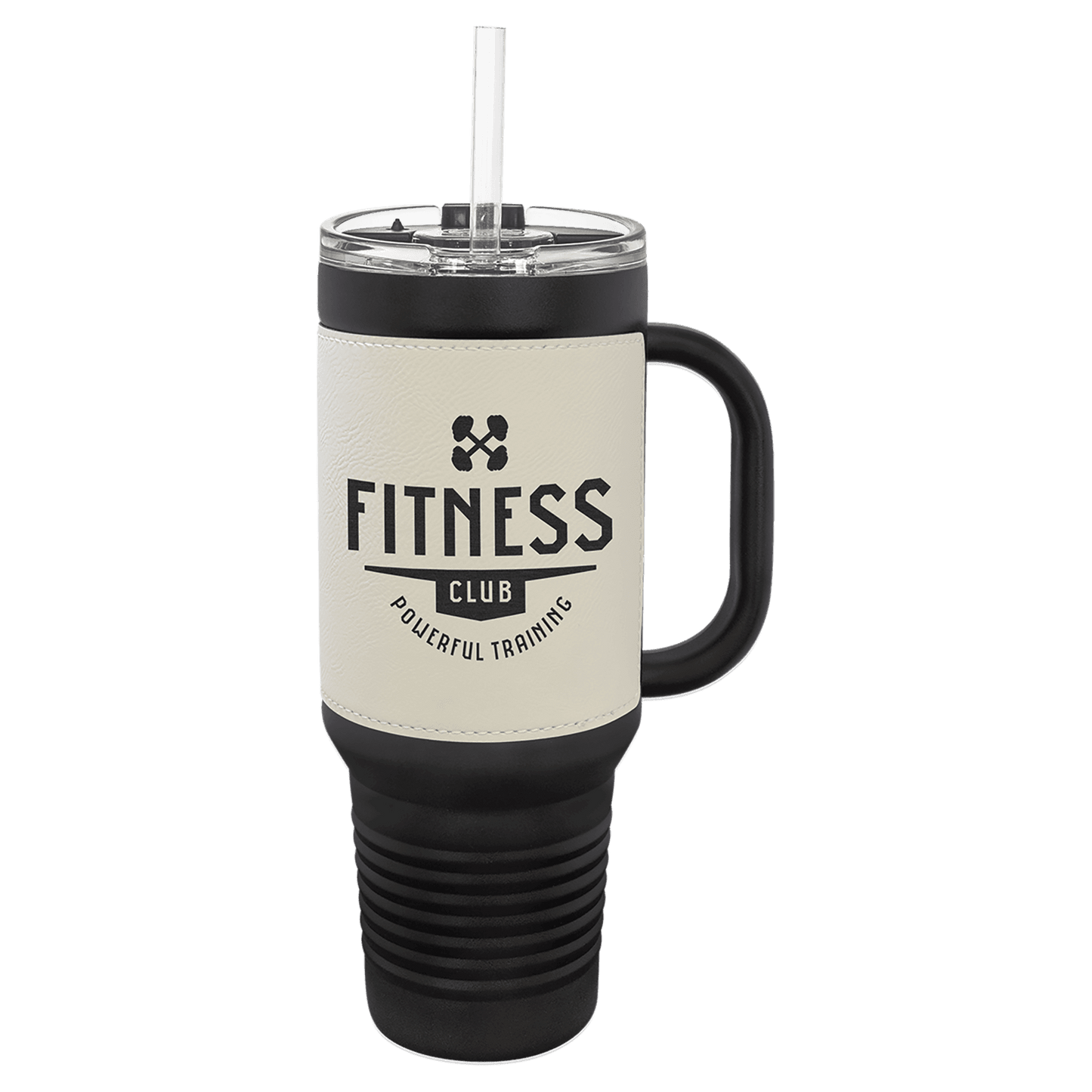 Black White Polar Camel 40 oz. Laserable Leatherette Travel Mug with a Handle & Straw