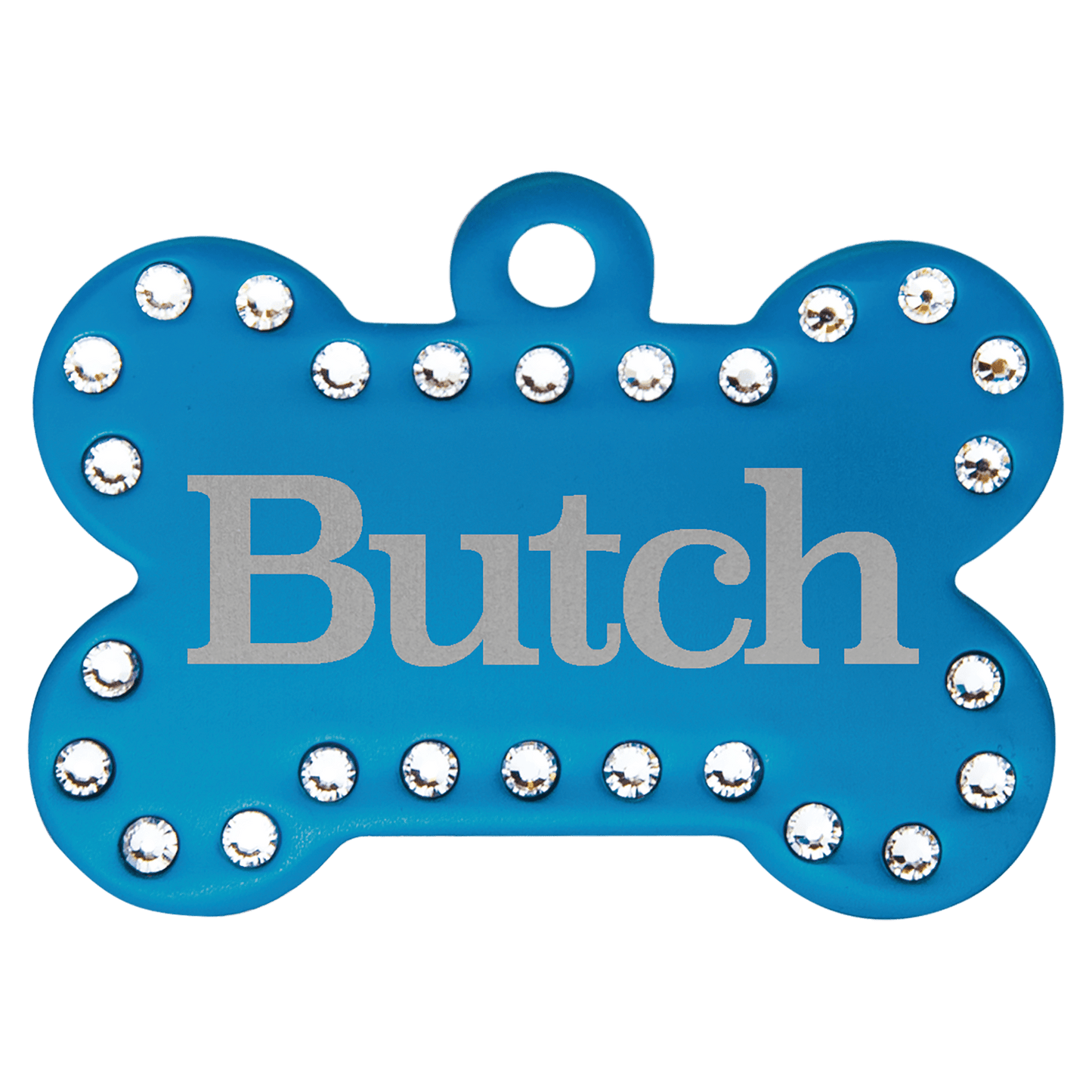 Blue 1 1/2" x 1" Laserable Anodized Aluminum Swarovski Bling Bone with Tab