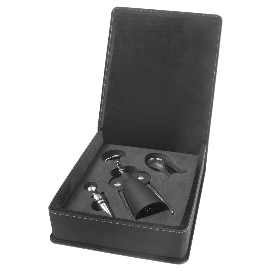 Black/Gold Laserable Leatherette 3-Piece Wine Tool Gift Set