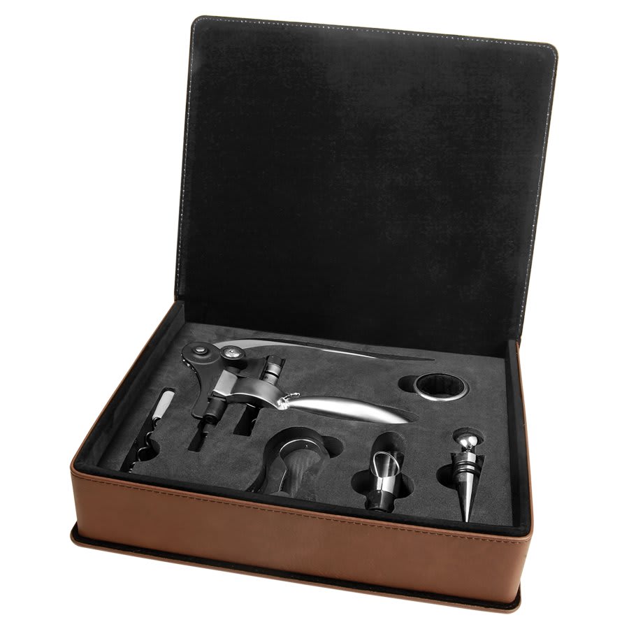 Dark Brown Laserable Leatherette 5-Piece Wine Tool Gift Set